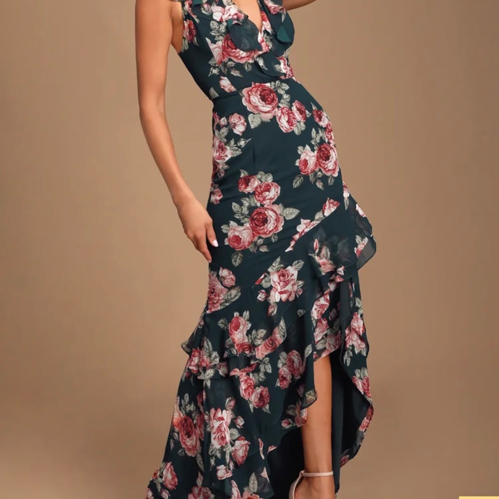 Lulu’s Secret Romance Dark Green Floral Print High-Low Maxi Dress